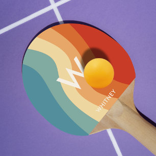 Wavy Retro Striped Monogram Personal Ping Pong Paddle
