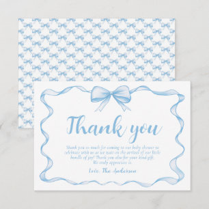 Wavy Ribbon Frame Dusty Blue Bow Baby Shower Thank You Card