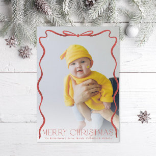 Wavy Ribbon Red and White Christmas Vertical Photo Holiday Card