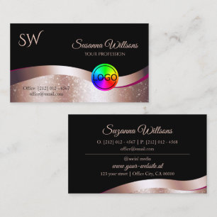 Wavy Rose Gold Decor Black with Logo and Monogram Business Card