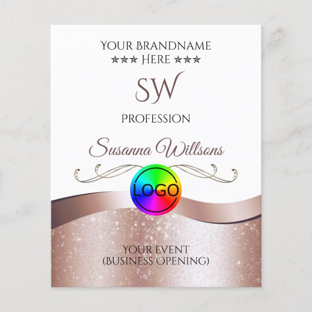 Wavy Rose Gold Decor White Logo and Monogram Flyer (Front)