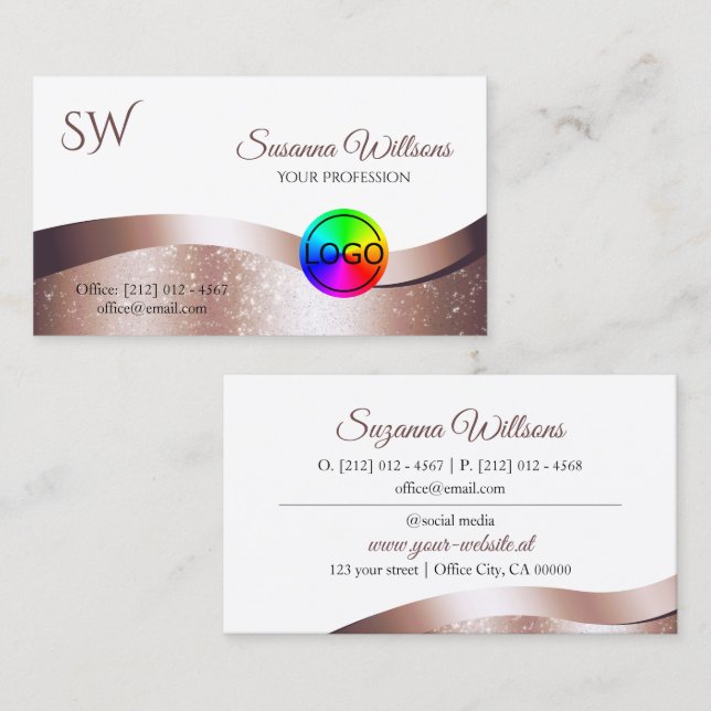 Wavy Rose Gold Decor White with Logo and Monogram Business Card (Front/Back)
