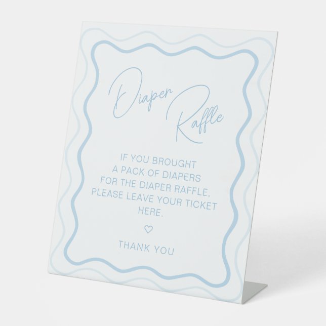 Wavy Scallop Retro Baby Boy Shower Diaper Raffle Pedestal Sign (Front)