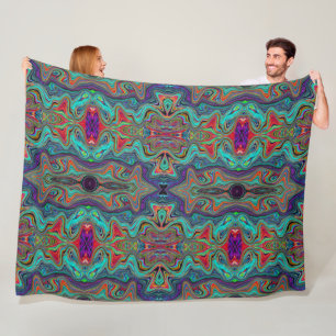 Wavy Sea Foam Green and Red Trippy Pattern Fleece Blanket