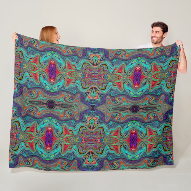 Wavy Sea Foam Green and Red Trippy Pattern Fleece Blanket (In Situ)