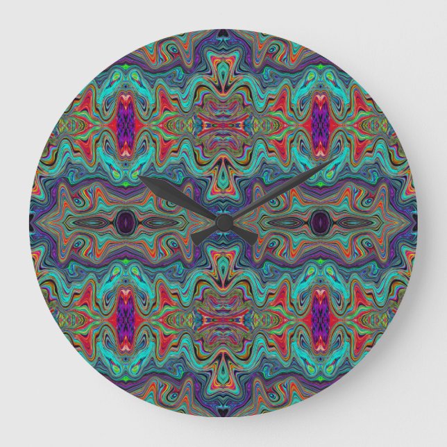 Wavy Sea Foam Green and Red Trippy Pattern Large Clock (Front)