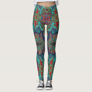 Wavy Sea Foam Green and Red Trippy Pattern Leggings