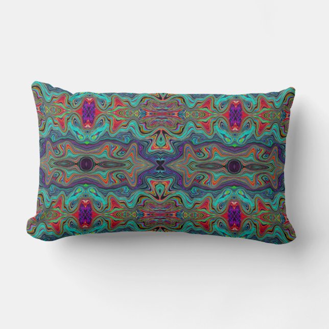 Wavy Sea Foam Green and Red Trippy Pattern Lumbar Cushion (Front)