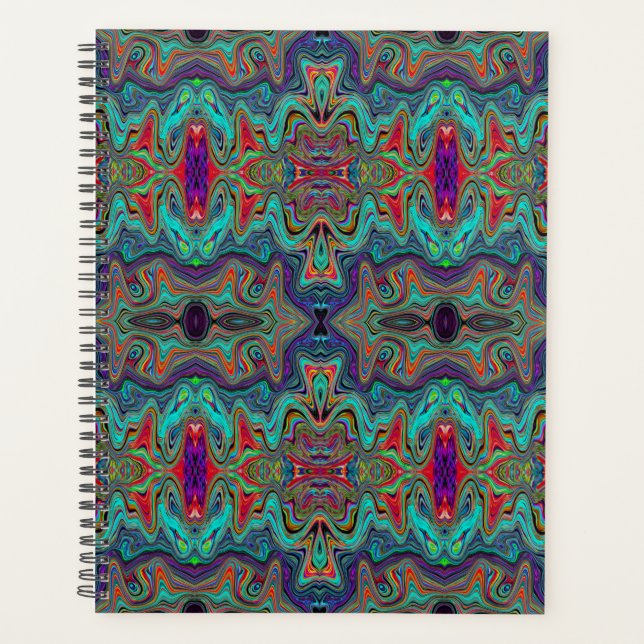 Wavy Sea Foam Green and Red Trippy Pattern Planner (Front)