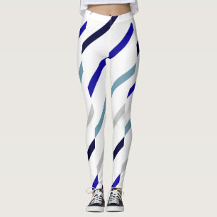 Wavy-Striped White Royal Blue Navy & Grey-Blue Leggings