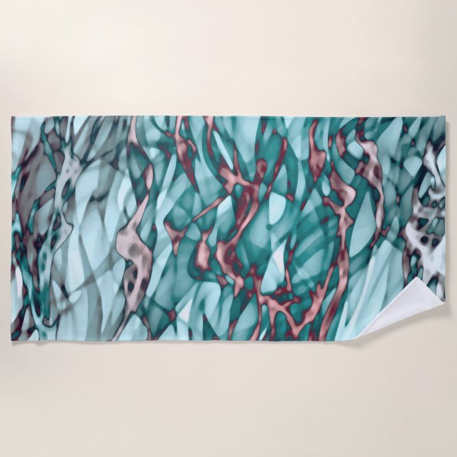 Wavy Teal Blue Green Coral Pink Abstract Art  Beach Towel (Front)