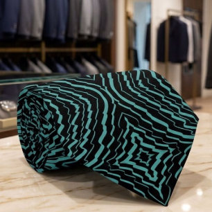 Wavy Tilted Ribbon Pattern With Teal On Black Tie