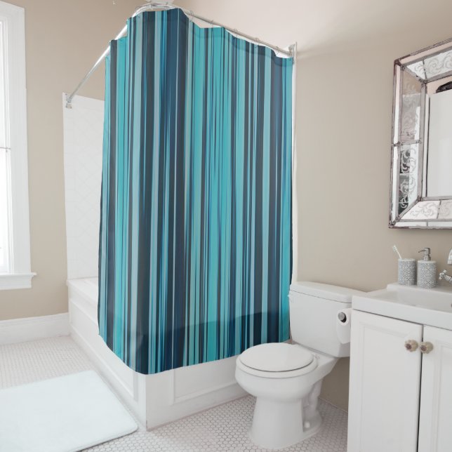 Wavy Turquoise and Blue Stripes Shower Curtain (In Situ)