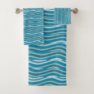 Wavy Turquoise and White Stripes Bath Towel Set
