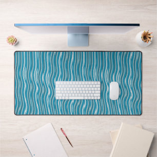 Wavy Turquoise and White Stripes Desk Mat
