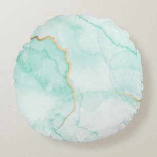 wavy turquoise blue marble watercolor tiles round cushion