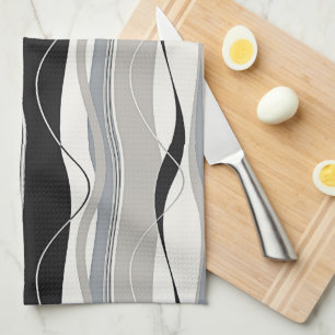 Wavy Vertical Stripes Black Grey & White Tea Towel