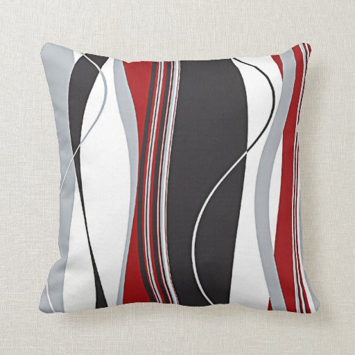 Image of Wavy Vertical Stripes Red Black White & Grey Cushion
