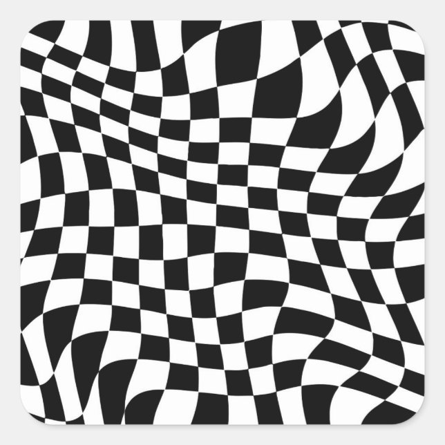Wavy Warped Black and White Checks Square Sticker (Front)