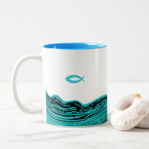 Wavy Waters Jesus Fish Two-Tone Coffee Mug