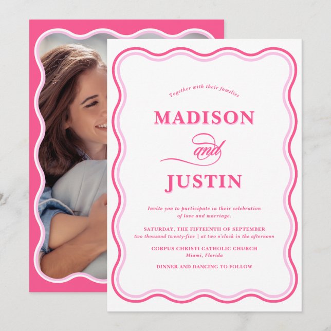 Wavy Wedding Pink Photo Invitation (Front/Back)