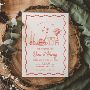 Wavy Whimsical Italian Doodle Wedding Dinner Invitation