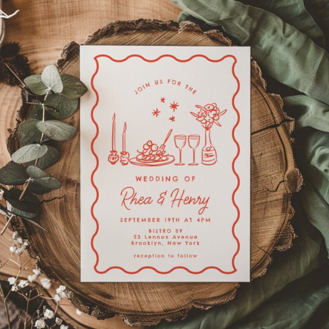Wavy Whimsical Italian Doodle Wedding Dinner Invitation (Creator Uploaded)