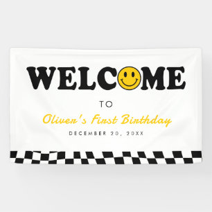 Wavy Yellow Preppy Smile Boy 1st Birthday Welcome Banner