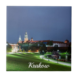 Wawel castle at night in Krakow, Poland Tile