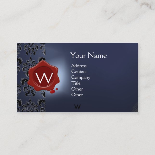 WAX SEAL DAMASK MONOGRAM blue red black Business Card (Front)
