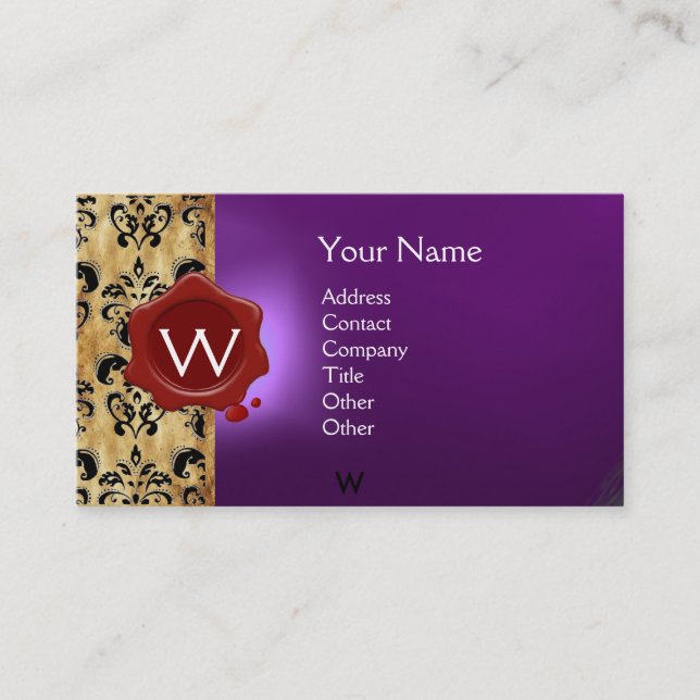 WAX SEAL DAMASK PARCHMENT  MONOGRAM BUSINESS CARD (Front)