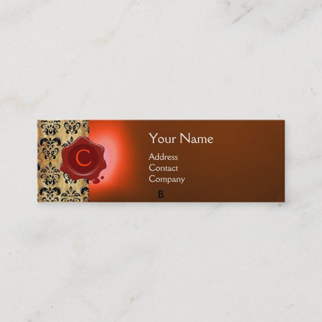 WAX SEAL DAMASK PARCHMENT  MONOGRAM orange Mini Business Card (Front)