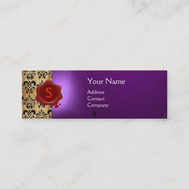 WAX SEAL DAMASK PARCHMENT  MONOGRAM purple Mini Business Card (Front)