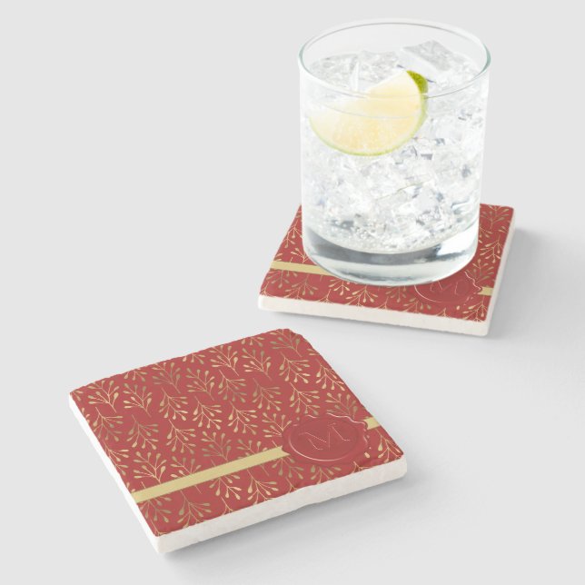 Wax Seal Gold Leaf Pattern Red Elegant Monogram Stone Coaster (Side)