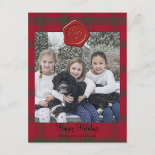 wax seal monogram on plaid photo winter postcard