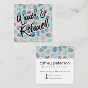 Wax typography tropical leaf pink square business card