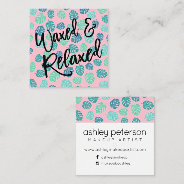 Wax typography tropical leaf pink square business card (Front/Back)