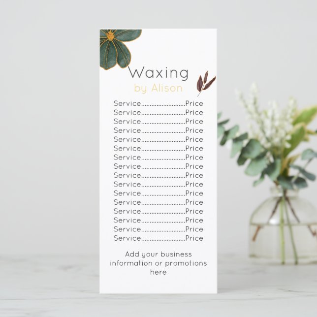 Waxing technician/aesthetician golden maroon teal  menu (Standing Front)