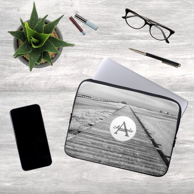 Way to the beach black white photo with monogram laptop sleeve (Creator Uploaded)