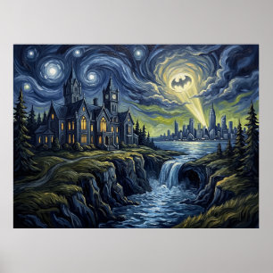 Wayne Manor Starry Night Comic Landscape Poster
