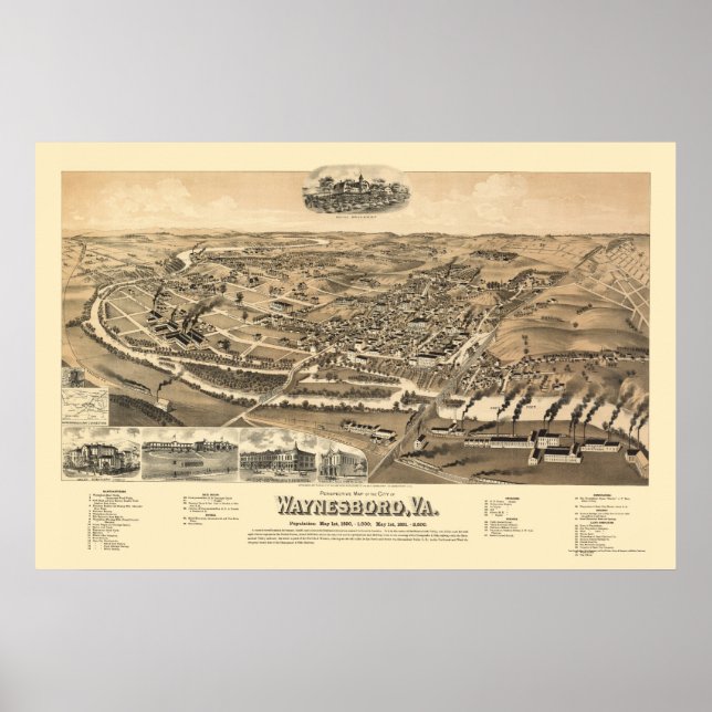 Waynesboro, VA Panoramic Map - 1891 Poster (Front)