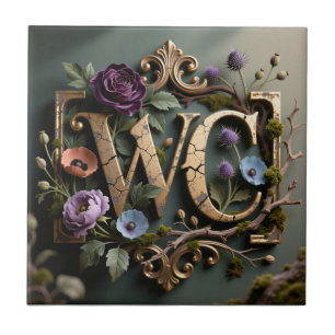 WC Monogram Framed Antique Floral Sign Tile