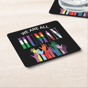 We Are All Human Colourful Hands Paper Coaster