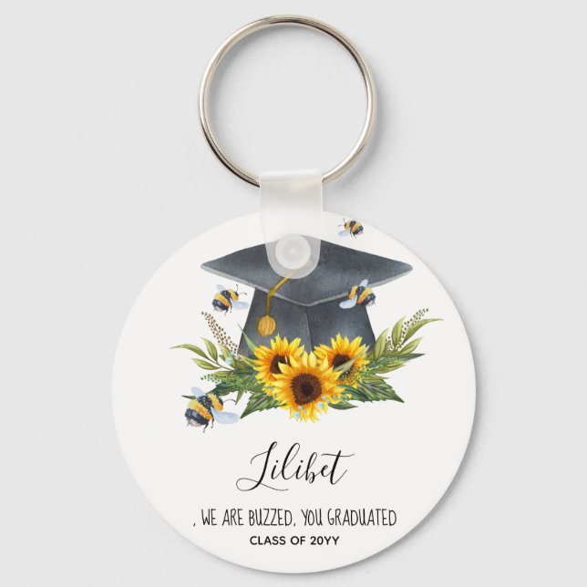 We Are BUZZED! GRADUATION Gift Personalized BEES Key Ring (Front)