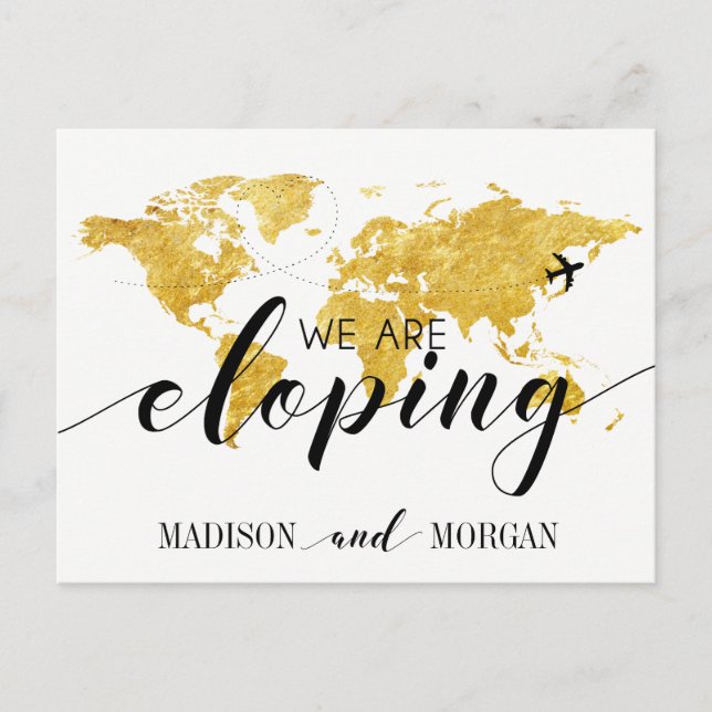 We are eloping gold World map reception invite Postcard (Front)