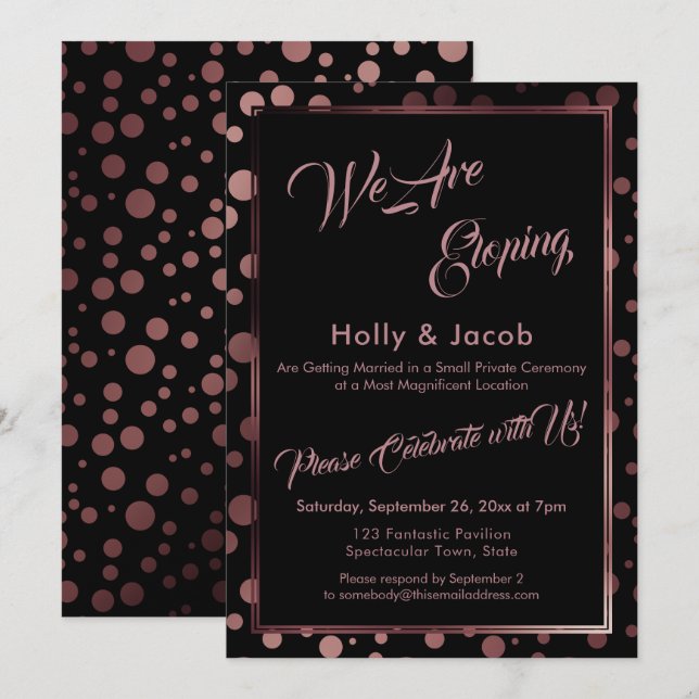 We Are Eloping Rose Gold Confetti Bubbles & Black Invitation (Front/Back)
