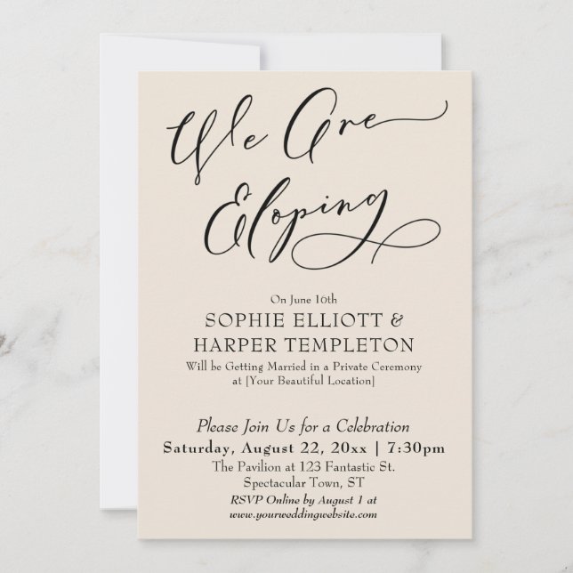 We Are Eloping, Simple Elegant Cream Celebration Invitation (Front)