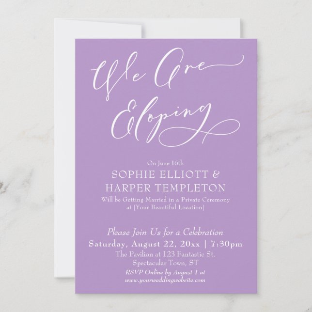 We Are Eloping, Simple Purple Celebration Invitation (Front)
