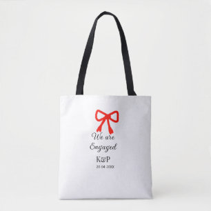 We are engaged add name letter red bow modern text tote bag