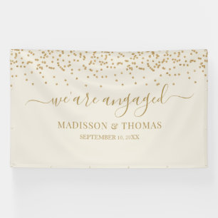 We are Engaged cream glitter gold backdrop Banner